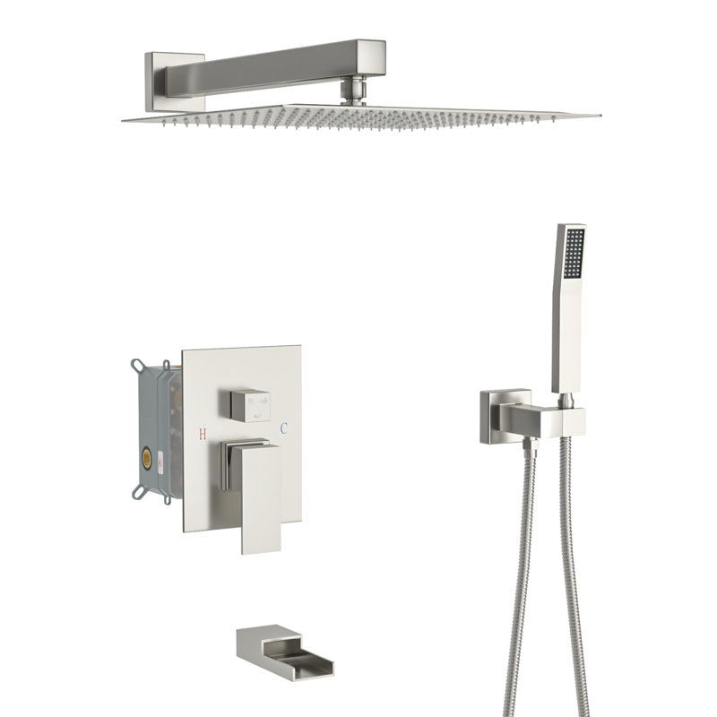Shower System With Waterfall Tub Spout,10 Inch Wall Mounted Square Shower System With Rough-In Valve, Brushed Nickel