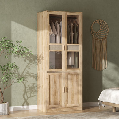 78.7" H Rattan Armoire with Glass Doors & Shelves, 31.5" W x 19.5" D Tall Wardrobe Storage Cabinet