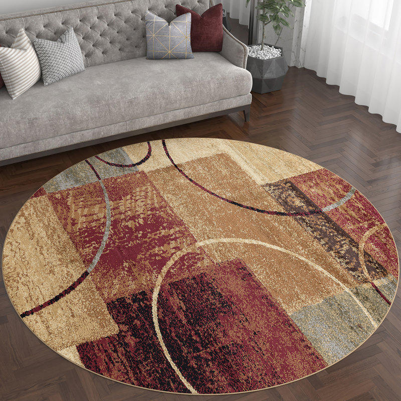 Tapis rouge / brun à motif abstrait Abercorn, Rond 5 pi 3 po