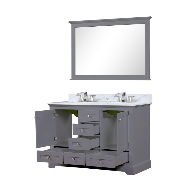 Dukes 48 in. W x 22 in. D Double Bath Vanity and 46 in. Mirror, Dark Gray, White Carrara Marble
