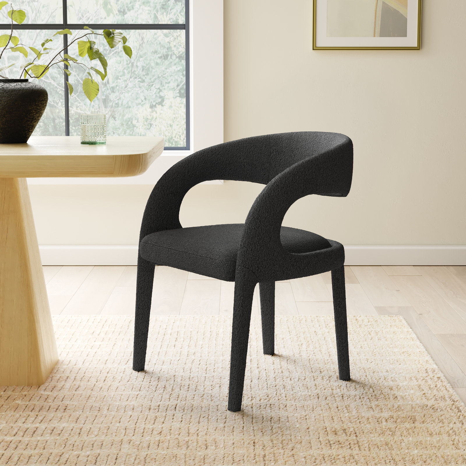 Hawkins Genuine Leather Dining Armchair, Fiqa Charcoal Boucle