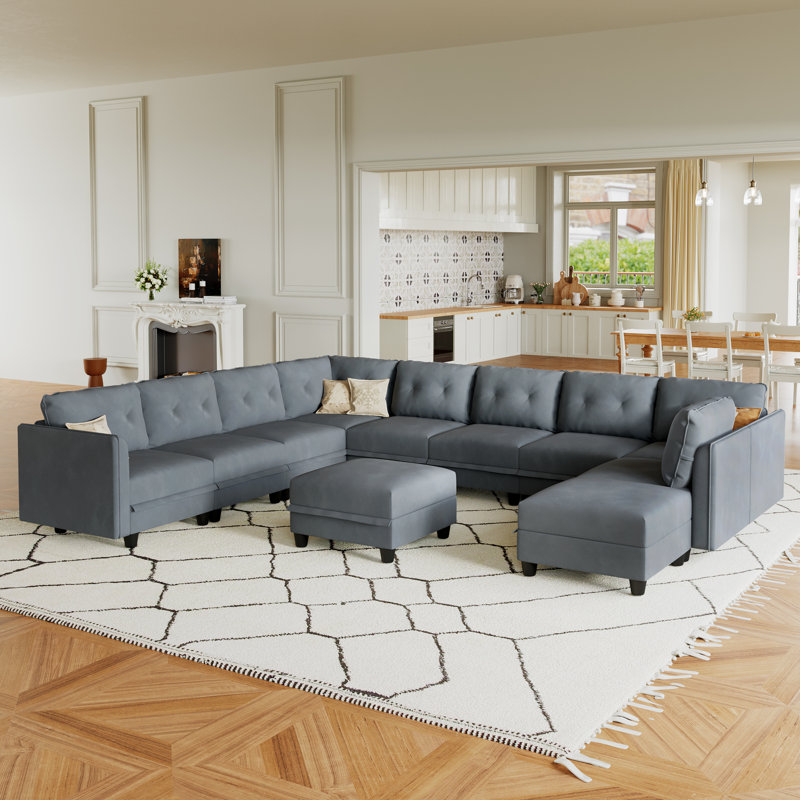 Canapé modulaire avec méridienne avec repose-pieds de 137 po de large Mizuho, Mélange de polyester gris