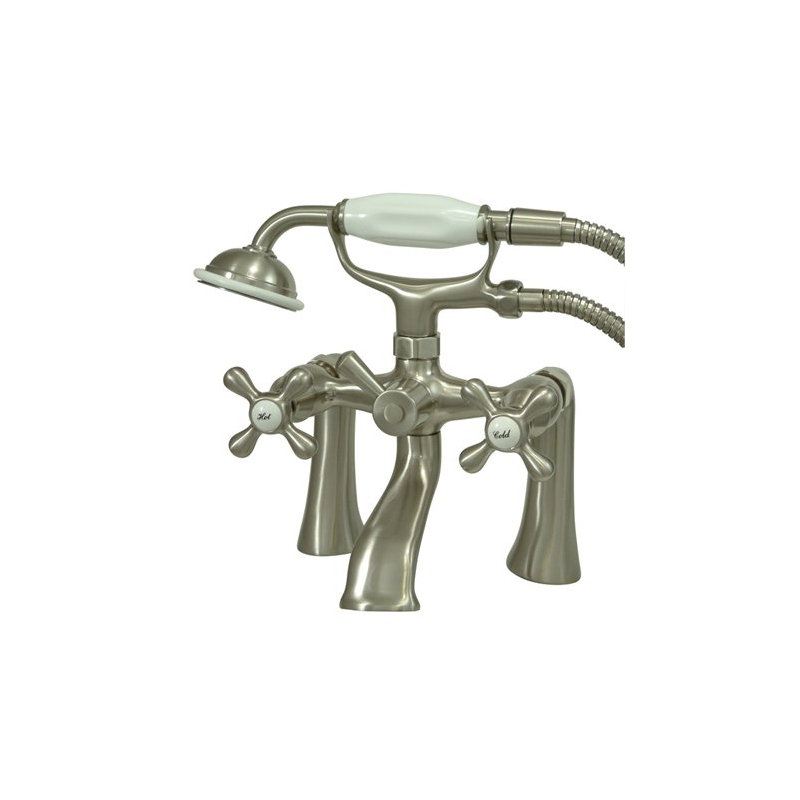 Triple Handle Wall Mounted Clawfoot Tub Faucet with Handshower, Brushed Nickel
