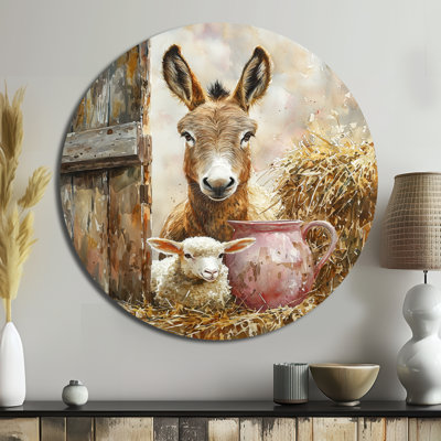 Âne et agneau, portrait à la grange II - art mural rond en métal, rose moderne