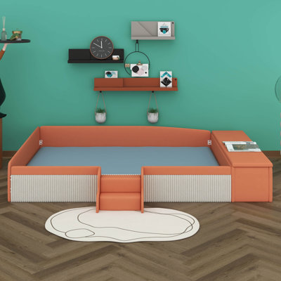 Velvet Upholstered Daybed With Stairs & Gas Lift Storage Ottoman, Contrast Color, Padded Guardrails