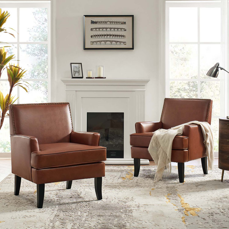 Celadon 27.5'' Wide Faux Leather Armchair with Nailhead Trim and Solid dWoo Legs Set Of 2, Brown Faux Leather
