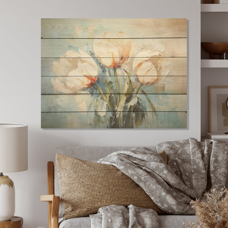 Minimalism White And Blue Tulips I - Tulips Wood Panel Wall Art On Natural Pine Wood, 30" H x 40" W