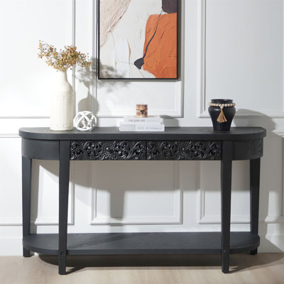 Console 59,2 po en bois sculpté noir avec tiroirs de rangement à tablette inférieure - Élégante décoration décorative pour l'entrée, le salon et le couloir