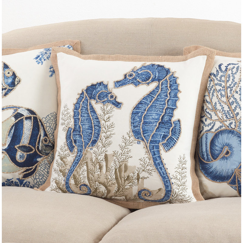 Maritime Bliss Embroidered Seahorse Cotton Throw Pillow 27" Square