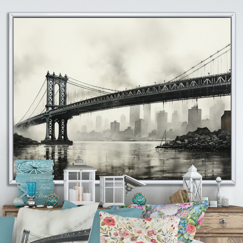 Gris pont suspendu à câble gris anthracite - Art mural sur toile, H 16 po x l 32 po x P 1 po, Cadre flottant blanc