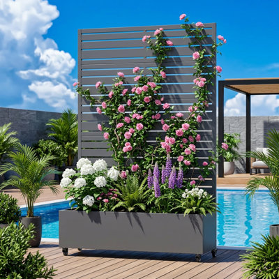 Boîte à fleurs en métal avec treillis et roues