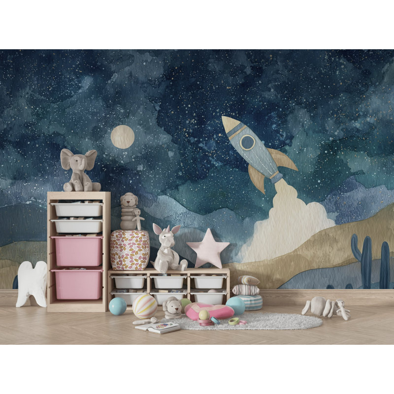 Starry Night Wallpaper Rocket Dreamy Wall Mural, Textured Non-Pasted, 160"x108"