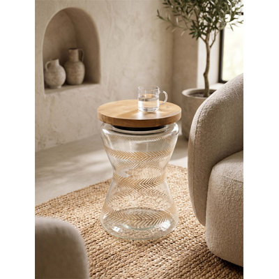 Table d'appoint en verre 11 po x 15 po avec plateau en bois de manguier, fougères dorées peintes à la main, table d'appoint moderne tropical