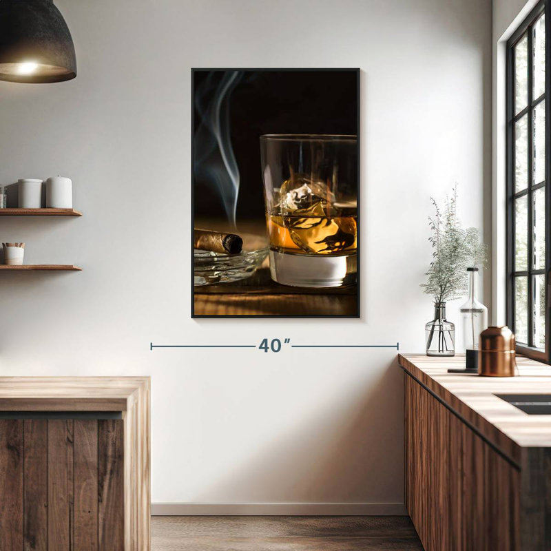 Cigare et whisky glacé, Cadre flottant noir, 27 po x 40 po