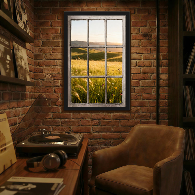 Paysage et nature, cadre de fenêtre, champ, coucher de soleil, herbe, fleurs, collines, ciel, lumière, H 30 po x l 20 po
