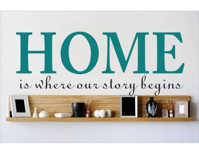 Décalcomanie murale "home is where the story begins", Bleu sarcelle, H 6 po x l 20 po x P 0,16 po