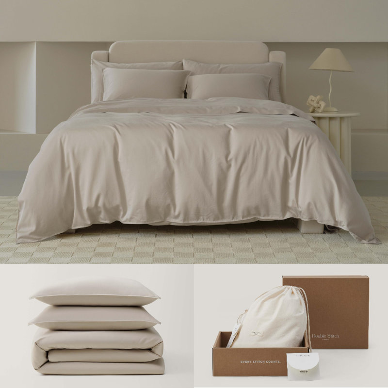 Housse de couette en coton à double couture, Housse de couette grand + 2 taies décoratives, Grès