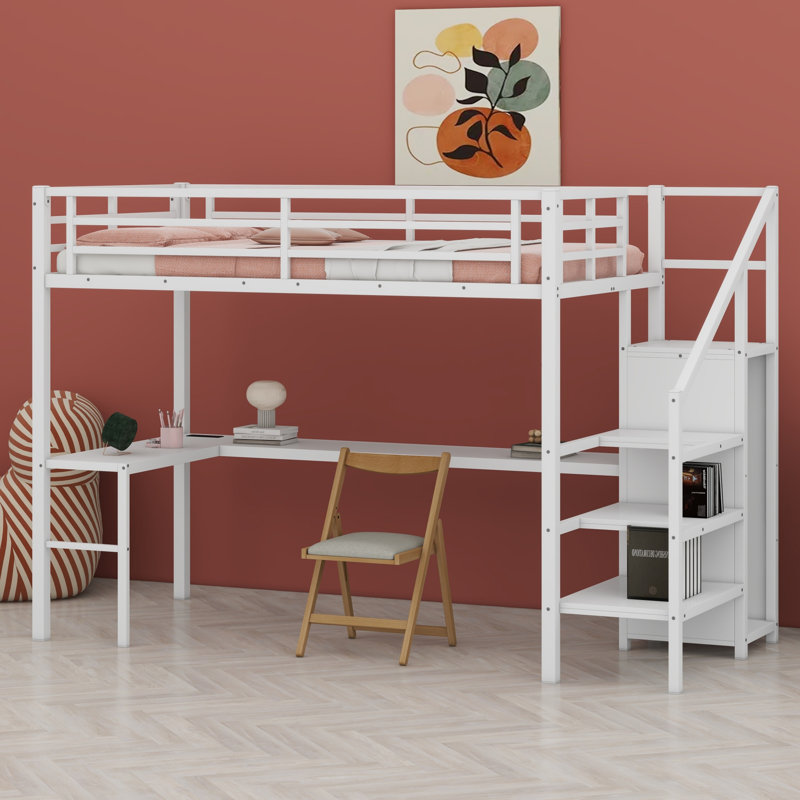 Metal Loft Bed With L-Shaped Desk And USB, Wardrobe And  Shelf, High Loft Bed With LED For Kids Teens Adults, Twin XL