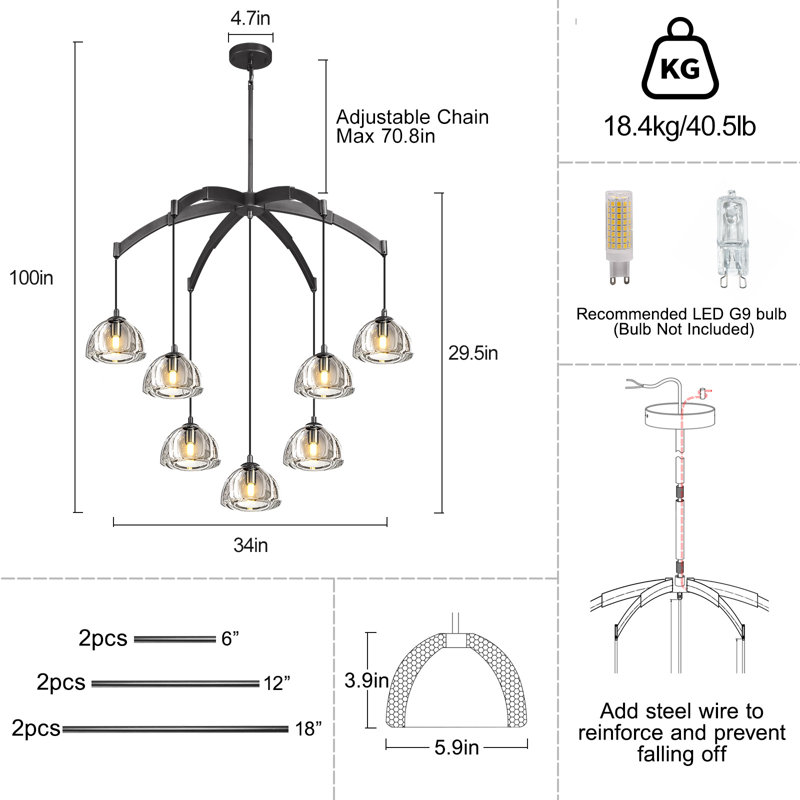 7 - Lustre rond moderne en verre à intensité variable de 34 po pour la salle à manger, Noir mat