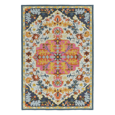 Adcox Hand Tufted Wool Blue/Pink/Grey Rug