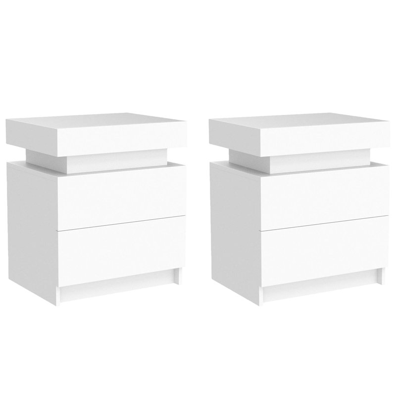 Ensemble de 2 tables de chevet modernes à DEL avec 2 tiroirs de rangement, Blanc