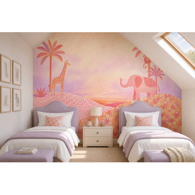 Papier peint panoramique de pastel Safari, palmiers tropicaux et girafes