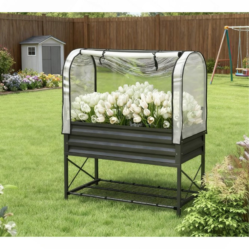 Metal Elevated Planter Box,Raised Garden Bed With Legs And Cover,With Bottom Shelf And Liner For Vegetables