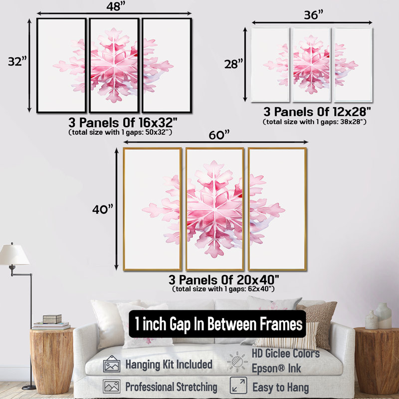 Décoration de Noël flocon de neige rose I - Botanicals, Cadre flottant noir, H 32 po x l 48 po x P 1 po