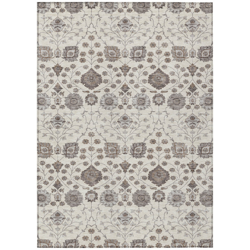 Tapis intérieur lavable floral 5 pi x 8 pi ivoire brun et gris