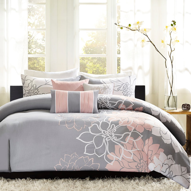 Ensemble de housse de couette 6 pièces avec détails de courtepointe en coton 18 x 18 Coussin décoratif gris / pêche imprimé magnifique coins de coin taupe gris 