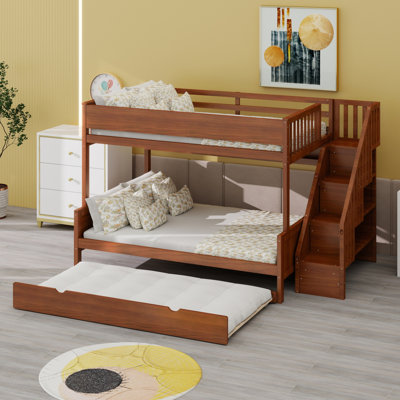Bunk Bed with Built-In Storage Shelves, Staircase, Trundle Bed and LED Light