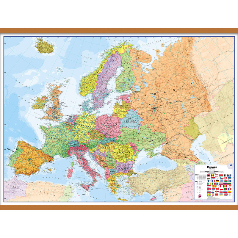 Large Europe Wall Map Political - Print, Brown Framed