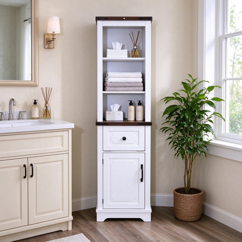 Armoire de rangement étroite Farmhouse, Blanc + noyer