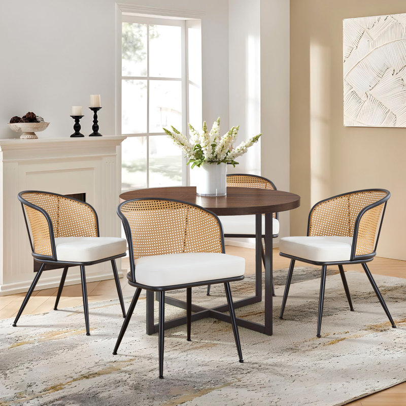 19.3" H PU Leather Fabric Upholstered Modern Dining Chairs With Cane Back and Black Metal Frame, White, 2