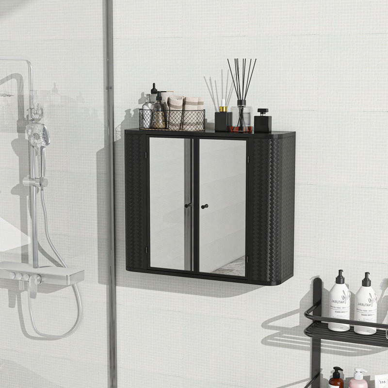 Armoire de salle de bain murale noire avec miroir, 2 portes en miroir et tablette ouverte, armoire de rangement en métal de style campagnard avec compartiment ouvert pour meuble-lavabo, toilette et évier