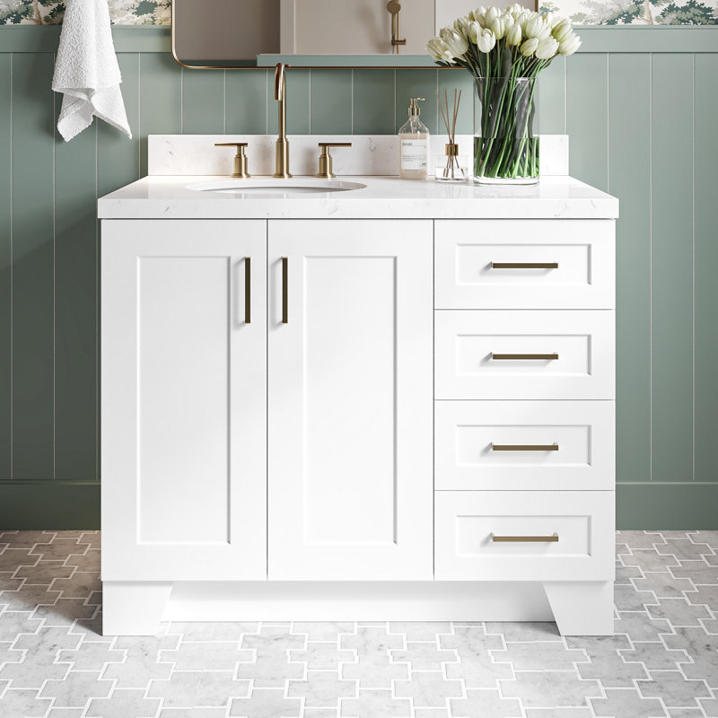 ARIEL Taylor 42.25 Single Sink Bathroom Vanity with Man-Made Stone Top-Oval, Right, Oval, White