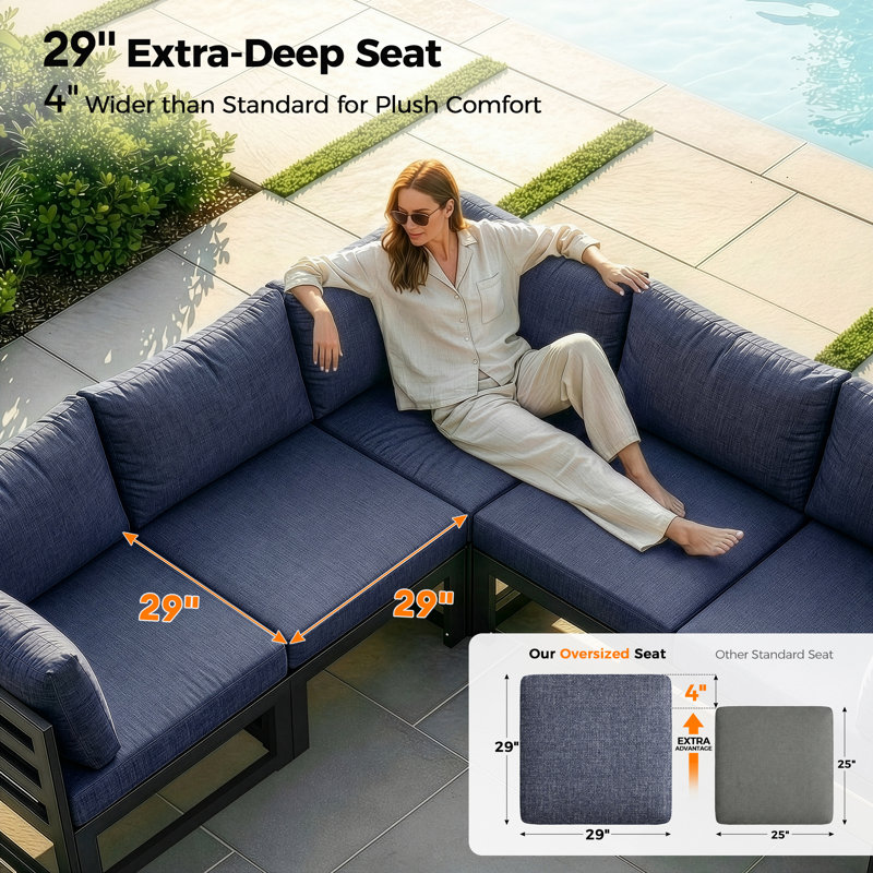 Joquita 13-Piece Patio Outdoor Sectional Set with Fire Pit Table Chaise Lounge and Cushions, Denim Blue