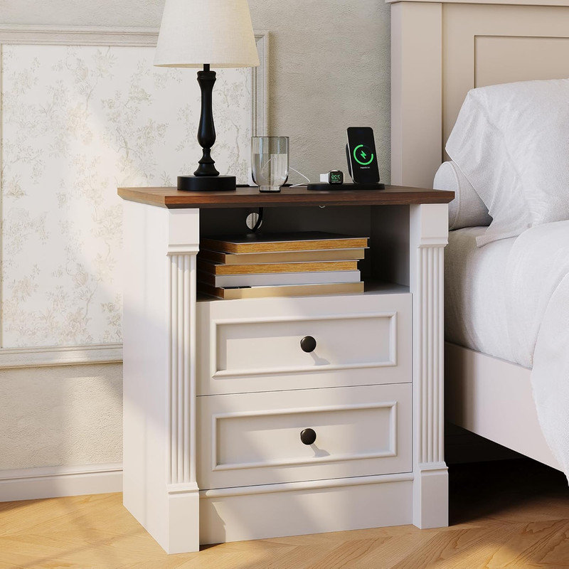 2pcs 23.6” Farmhouse Nightstand with Charging & 2 Drawers – Rustic Wood Bedside Table, Roman Column Design, End Table for Bedroom, Living Room, White