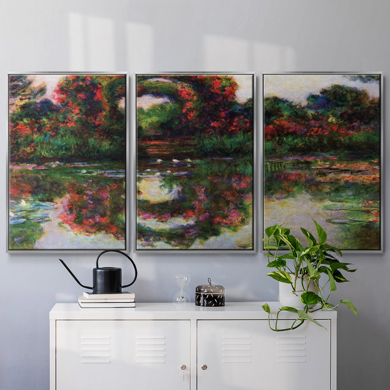 Monet - 3 pièces, reproduction encadrée sur toile, H 24 po x l 48 po x P 2 po, Encadrement argenté