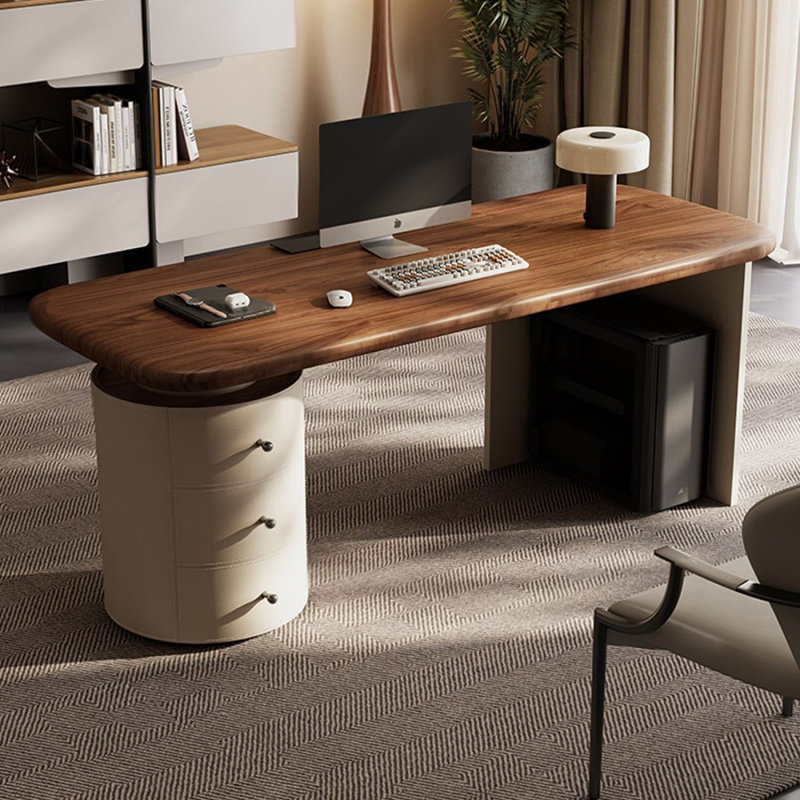 Bureau rectangulaire à 3 tiroirs en bois manufacturé brun noisette + beige, 29.53" H x 55.12" W x 27.56" D, Retour à gauche