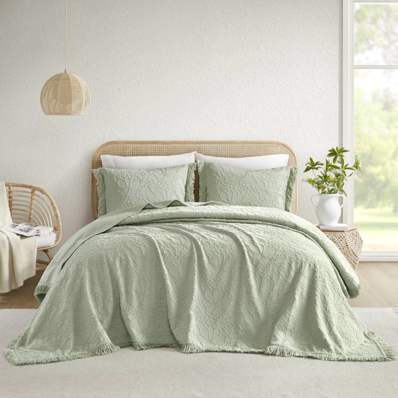 Ensemble de couvre-lit pour grand lit 3 pièces - chenille florale avec bordure frangée, mélange de coton respirant et, grande taille pour une utilisation à l'année, qualité de la fibre, approuvé, lavable à la machine