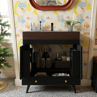 Meuble-lavabo autoportant 30 po avec plateau en pierre frittée et lavabo en céramique, armoire en bois d'ingénierie imperméable