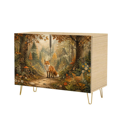 Modern Fox Autumn Forest Woodland Trees Mushrooms Landscape Warm Sideboard Buffet Cabinet with 2 Concealed Storage Doors Accent Console Cabinet Space-Saving Freestanding Storage Furniture for Living Room Kitchen Entryway and Coffee Bar