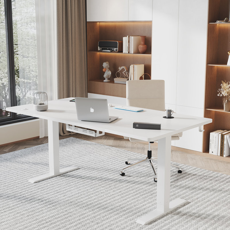 Electric T-Shape Height Adjustable Standing Desk, White, 180cm W x 80cm D
