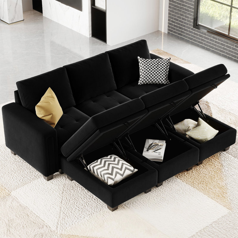 Shavera 6 - Piece 83.4'' Wide Velvet Sectional Sofa Apartment Sofa Bed Convertible Sleeper Couch with Storage Ottomans