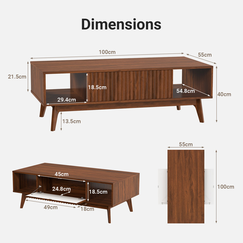 Modern Rectangular 100cm Four Leg Coffee Table with Storage, Walnut