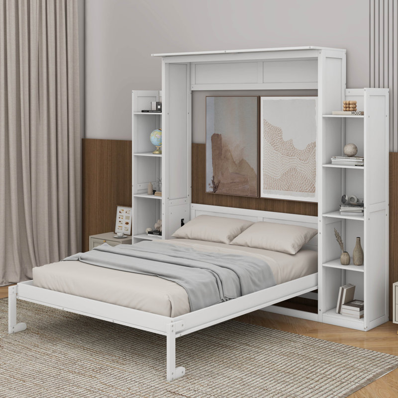 Grand lit escamotable avec tablettes et DEL, Blanc
