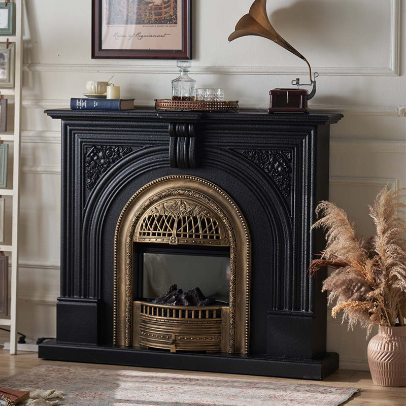 French-style Carved Heating Fireplace, Black/Antique Brass