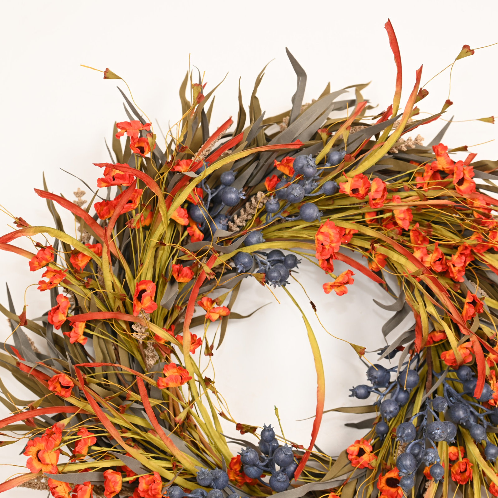 26" Artificial Rustic Fall Harvest Grass Berry Poppy Thanksgiving Front Door Wreath, Blue