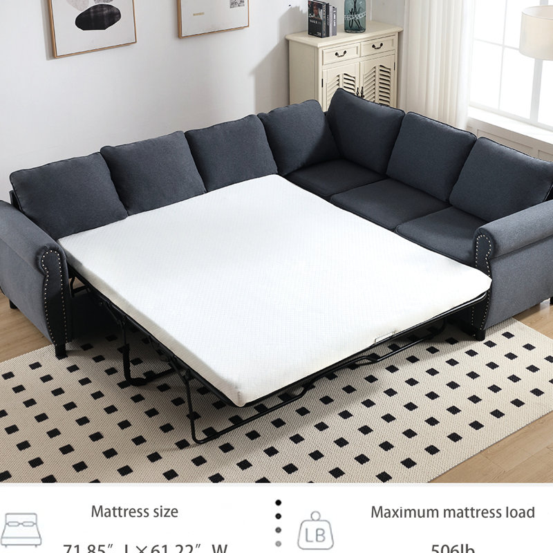 Lit 6 places, canapé-lit modulaire en forme de L, gris, avec coussin mi-ferme et structure en métal solide pour les espaces compacts, lit, conception polyvalente